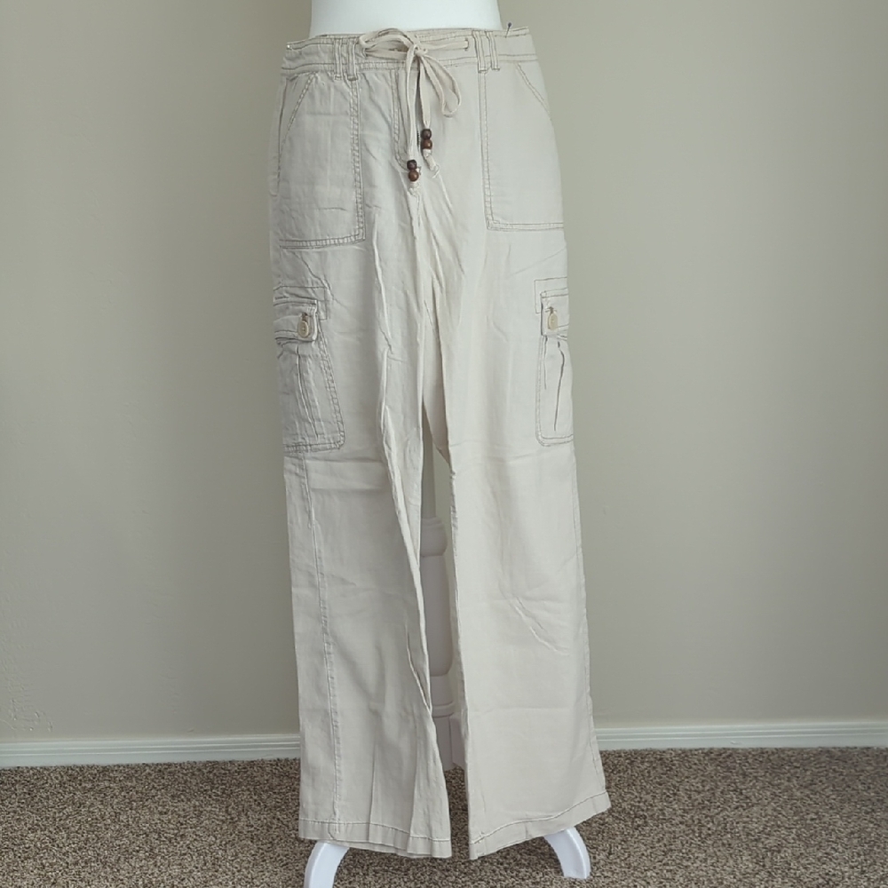 New York & Company Light Tan Cargo-style Wide Leg Linen Blend Pants, Size 4